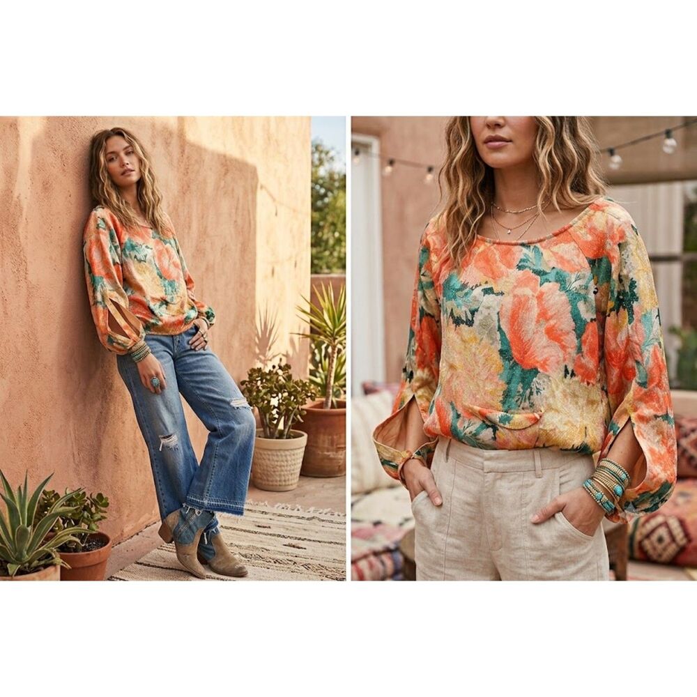 Alice Roi Floral Metallic Shimmer Top Boho Cutout Sleeves fits oversized medium